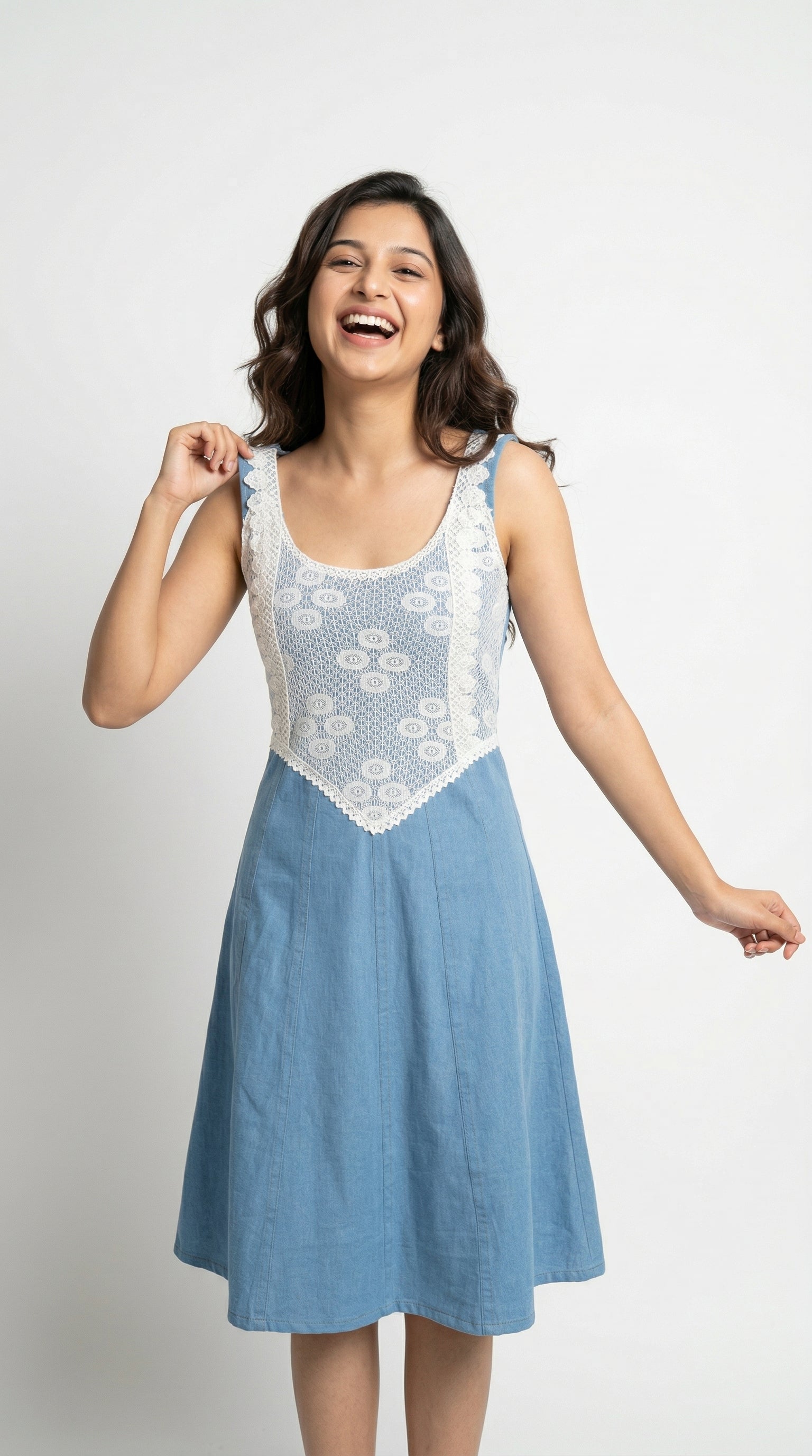 Blue Denim Midi Dress with White Lace | Rosio House