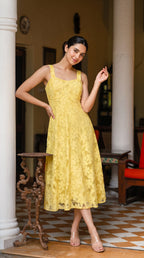Yellow Flower Net Dress - Rosio House