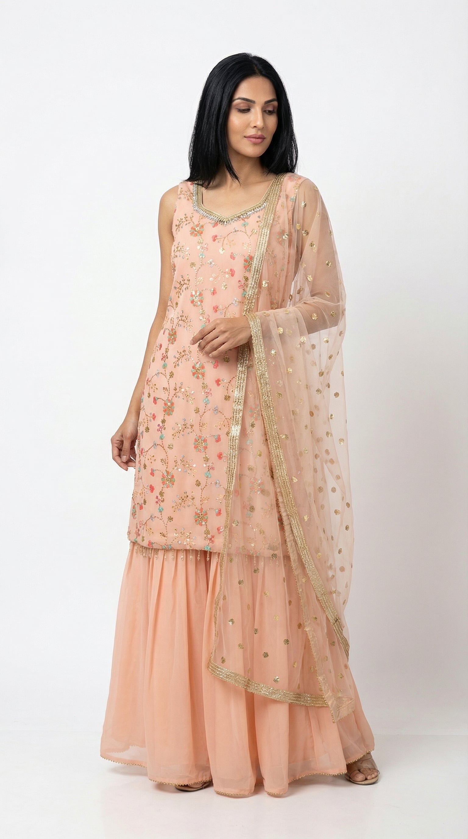 Peach Embroidered Sharara Set with Net Chunni | Rosio House