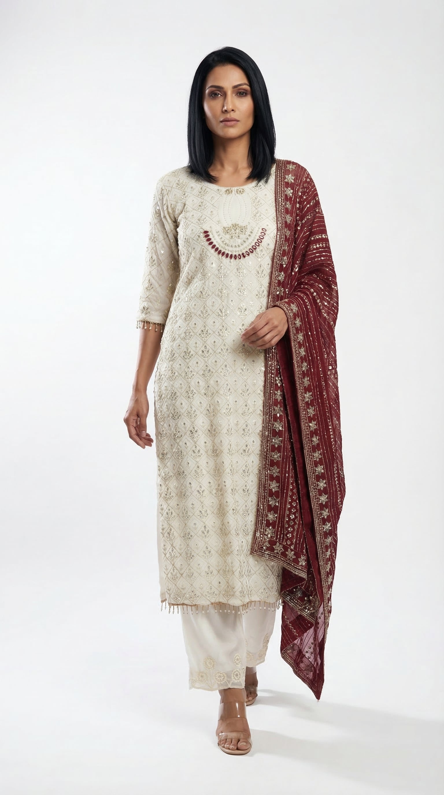 Ivory Sequence Palazzo Suit with Maroon Dupatta | Rosio House