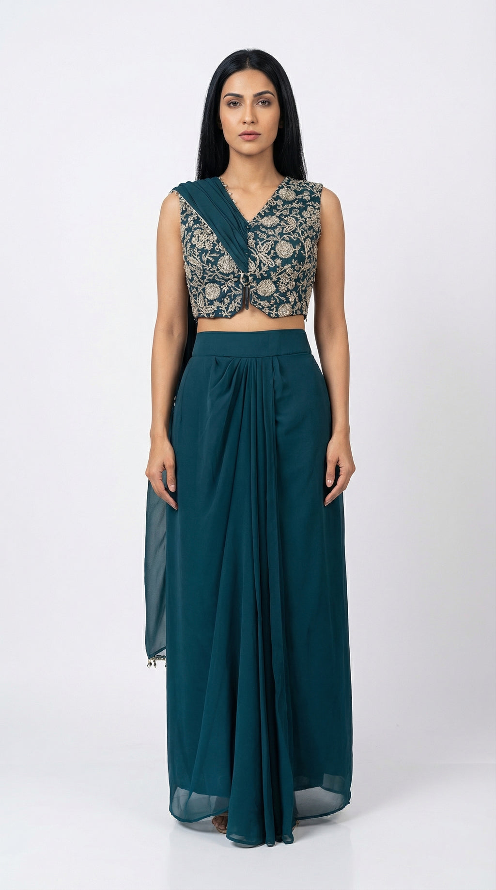Teal Zari Handwork Draped Skirt Set | Indo-western | Rosio House