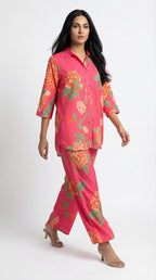 Coral Pink Floral Cord Set for Women | Shirt & Pants | Rosio House