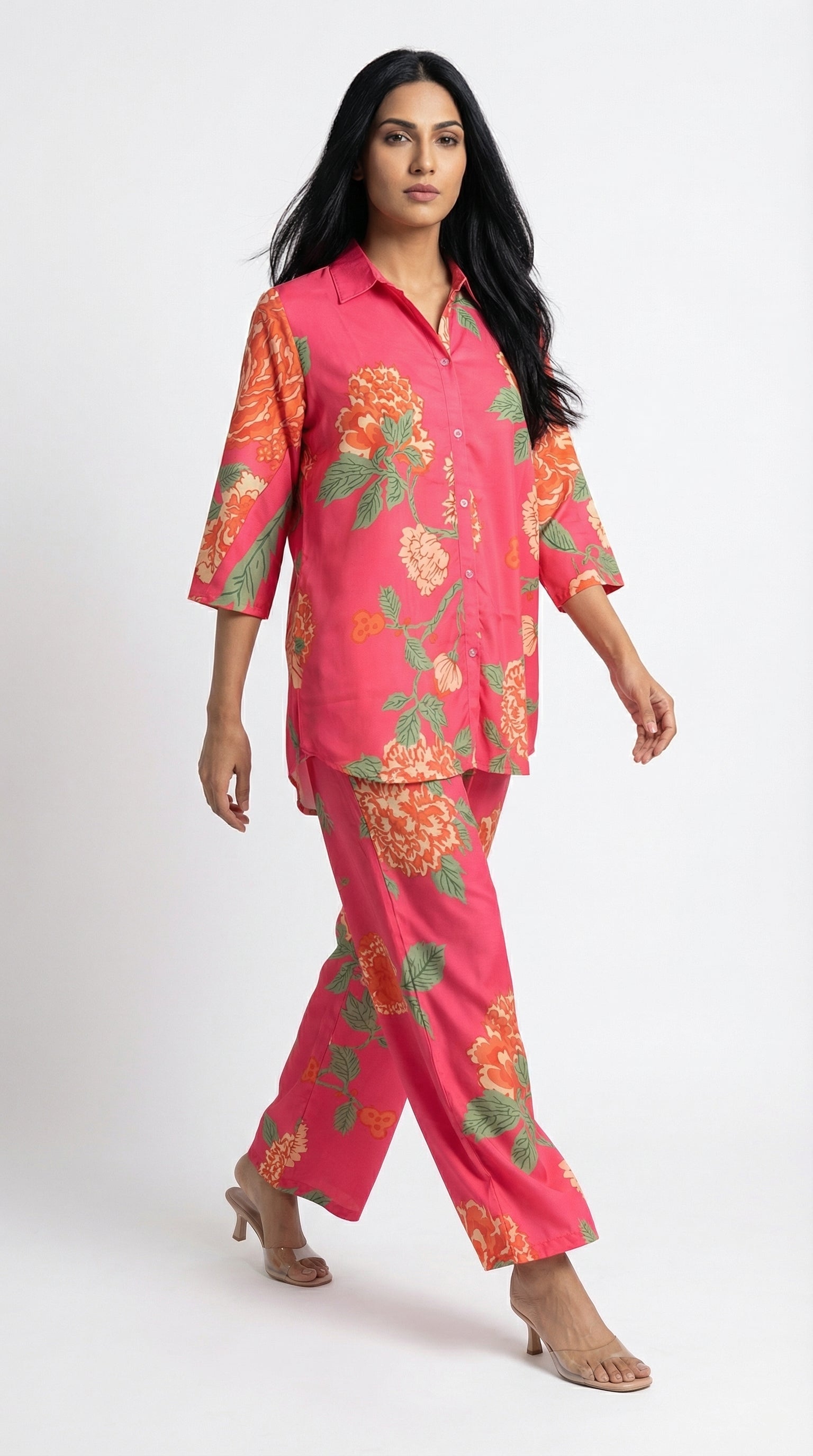 Coral Pink Floral Cord Set for Women | Shirt & Pants | Rosio House