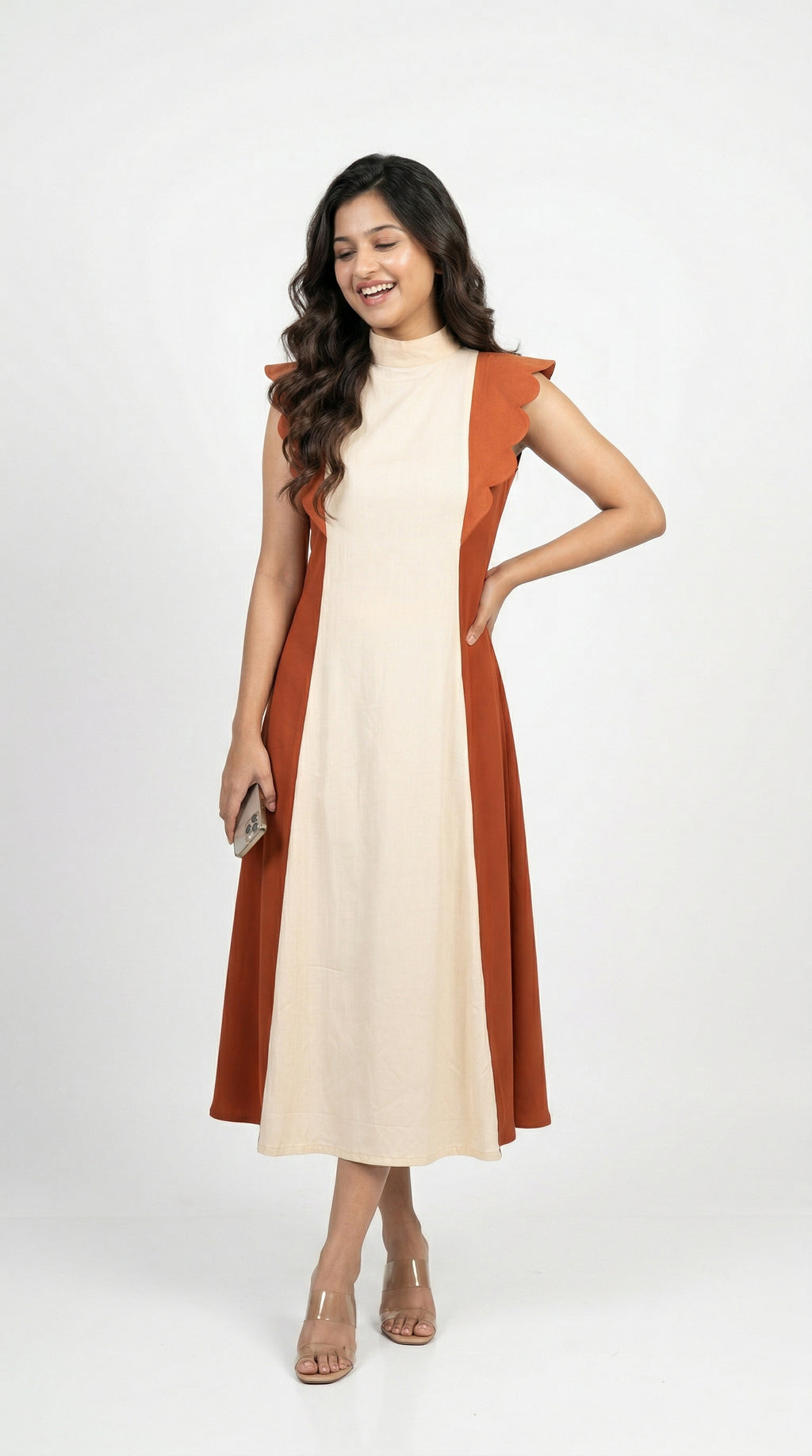 Cream & Terracotta Color Block Midi Dress | Scalloped Sleeves | Rosio House