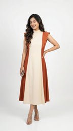 Cream & Terracotta Color Block Midi Dress | Scalloped Sleeves | Rosio House