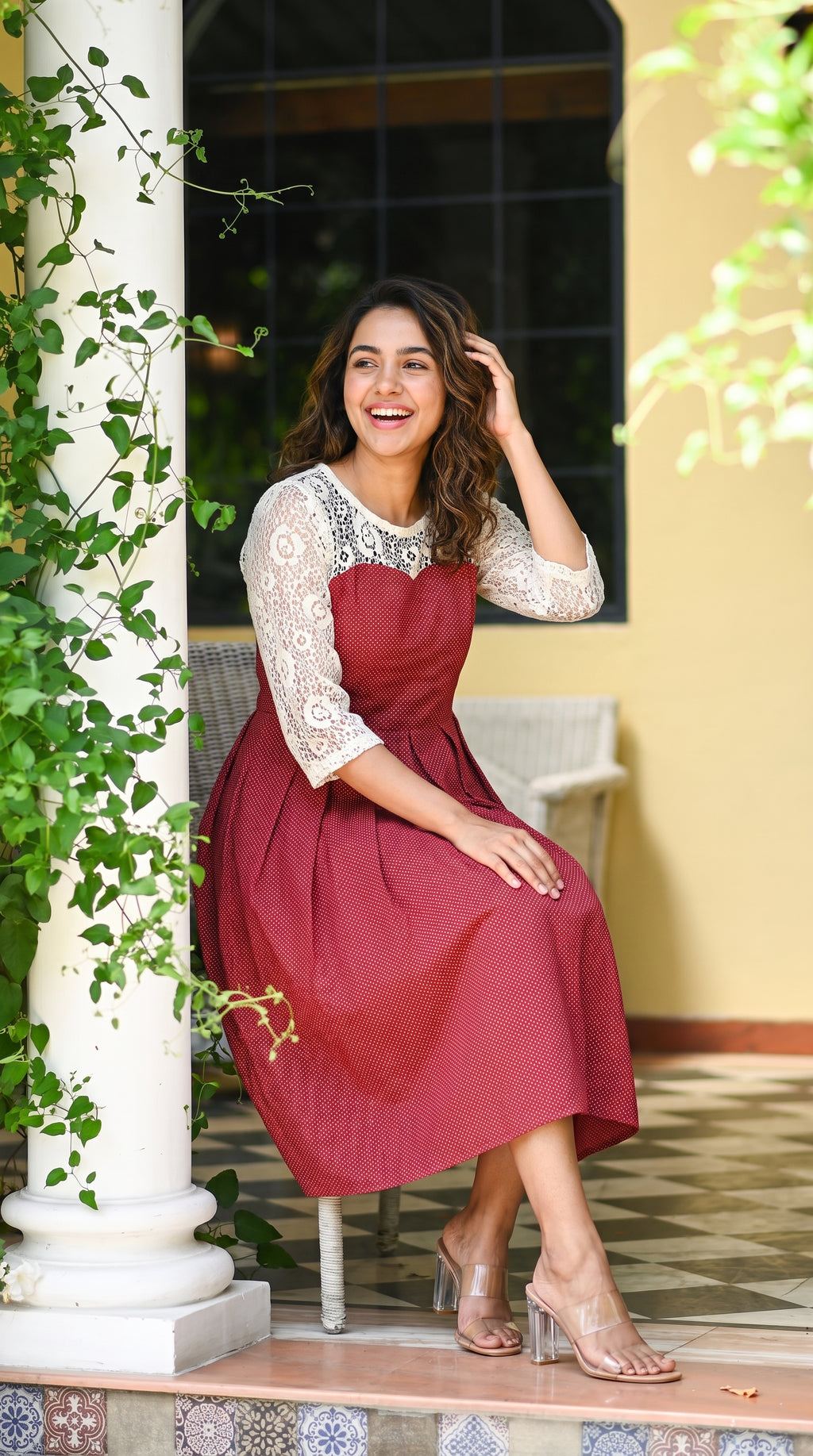 Red Schiffli Lace Polka Dot Midi Dress | Rosio House