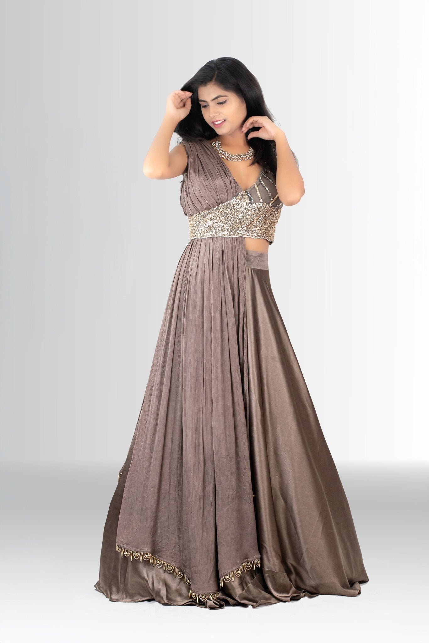 Luxury draped Indo-Western gown with handwork blouse – Rosio House