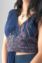 Festive Indo-Western gown with designer draping and artisan blouse