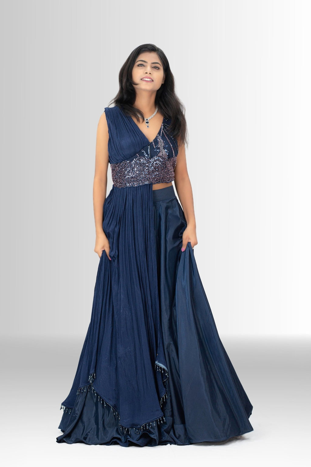 Designer gown with handwork blouse and Indo-Western draped silhouette
