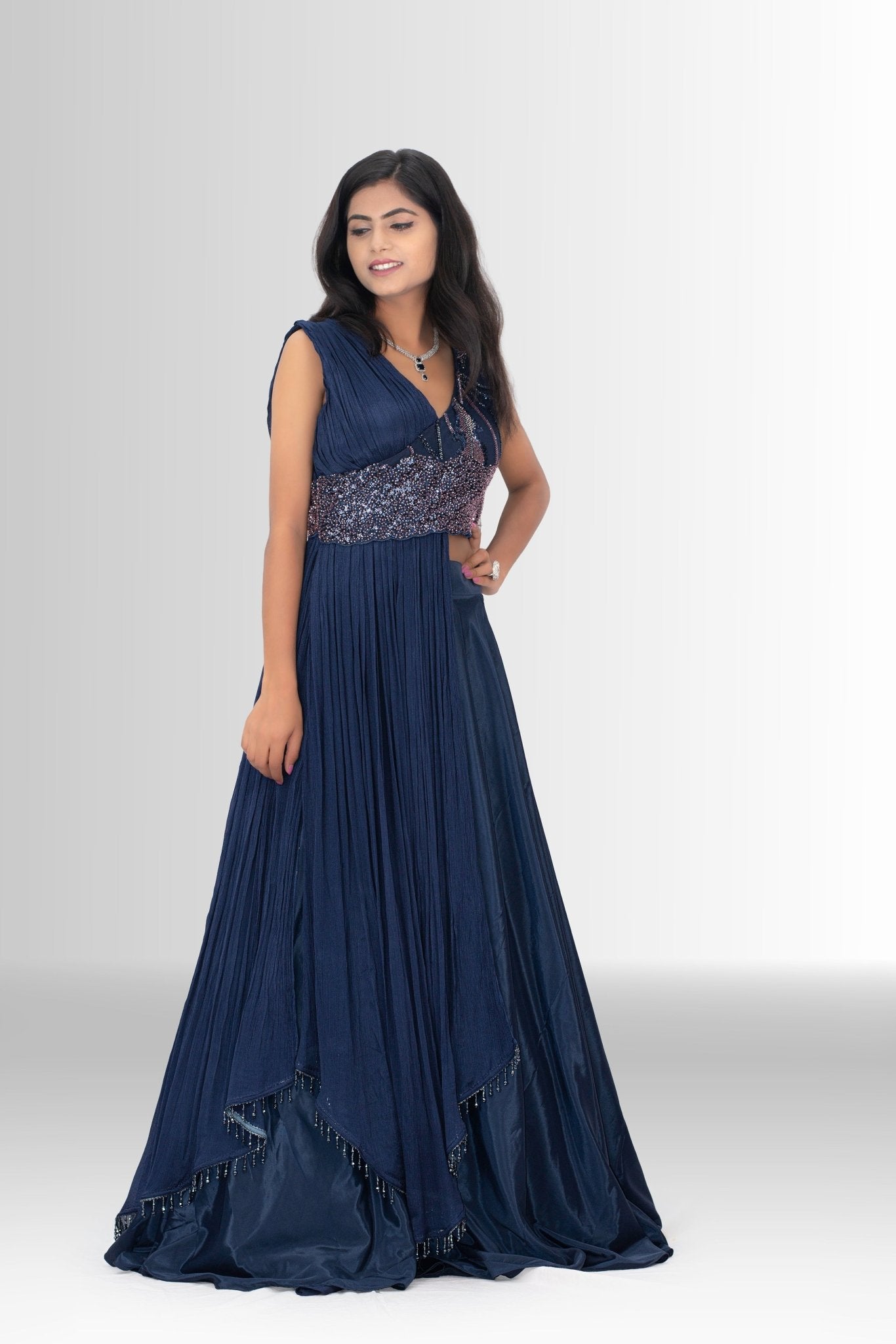 Festive Indo-Western draped gown with handcrafted blouse – Rosio House