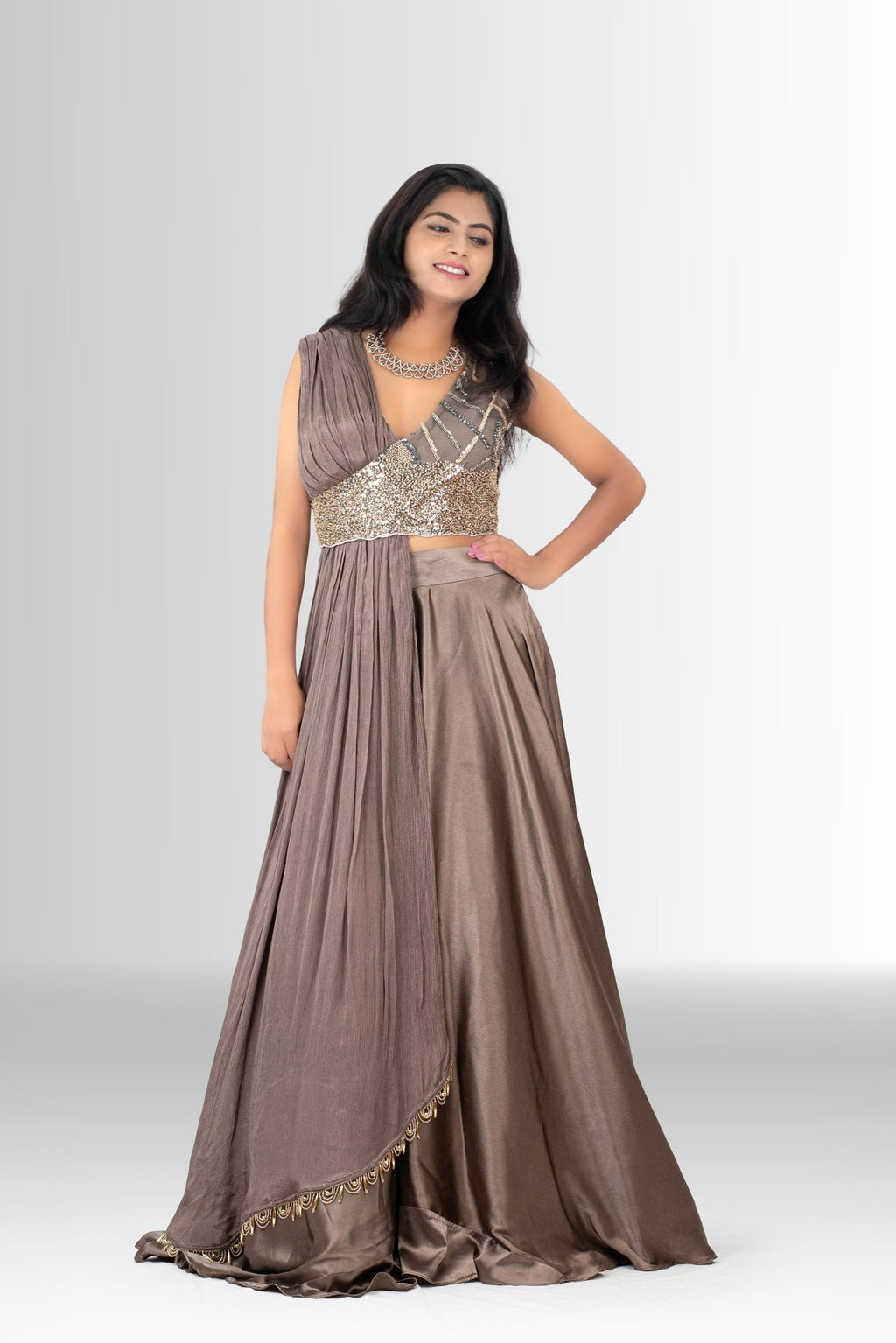Glamorous draped Indo-Western designer gown with handcrafted blouse