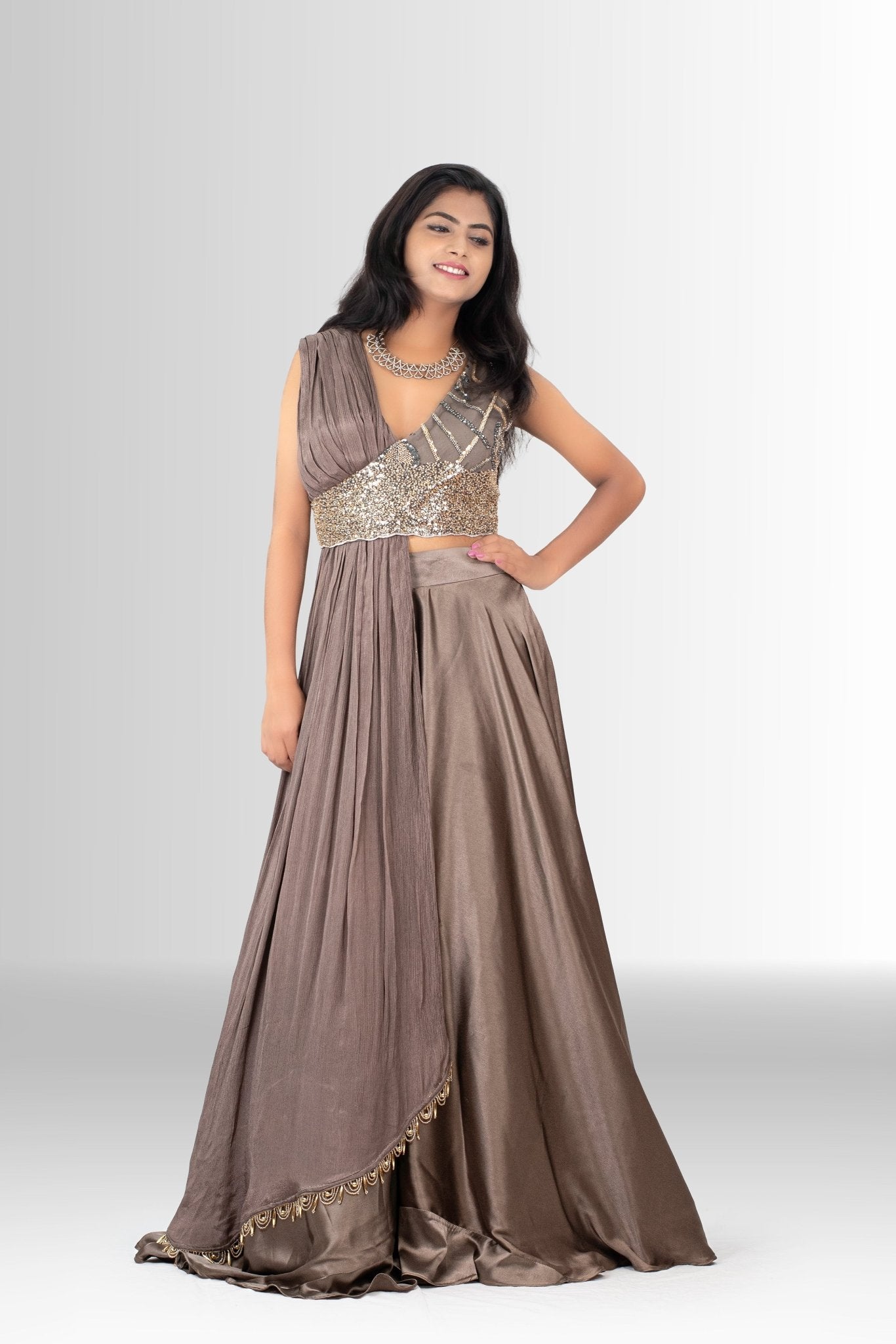 Glamorous draped Indo-Western designer gown with handcrafted blouse