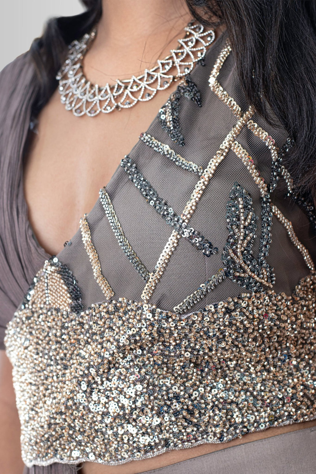 Indo-Western gown with draped styling and hand embroidery blouse
