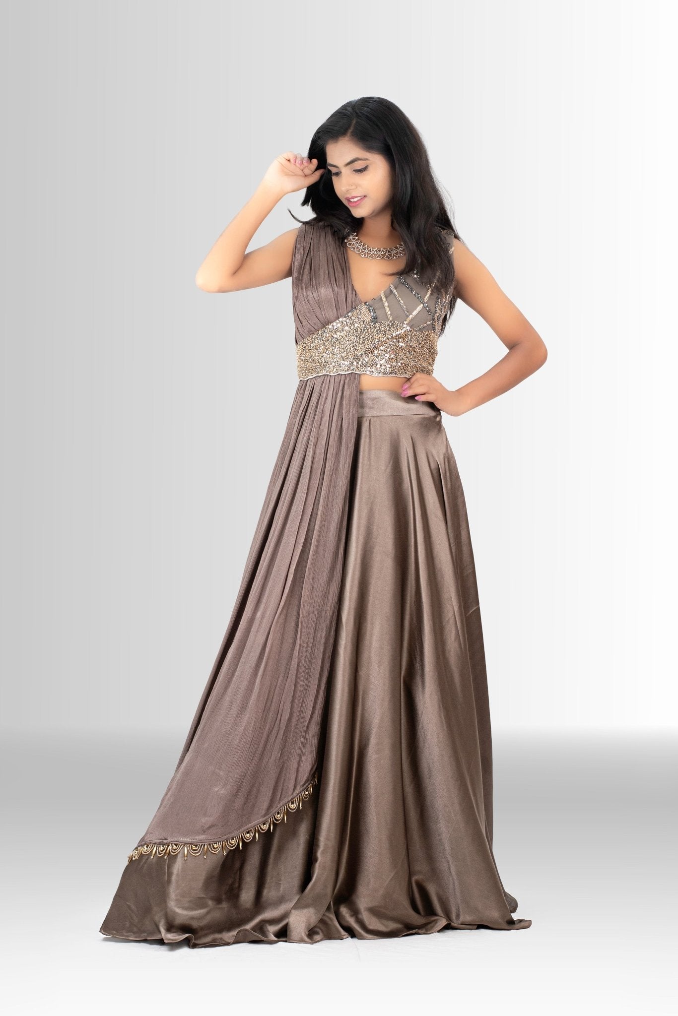 Designer draped Indo-Western gown with handwork blouse – Rosio House