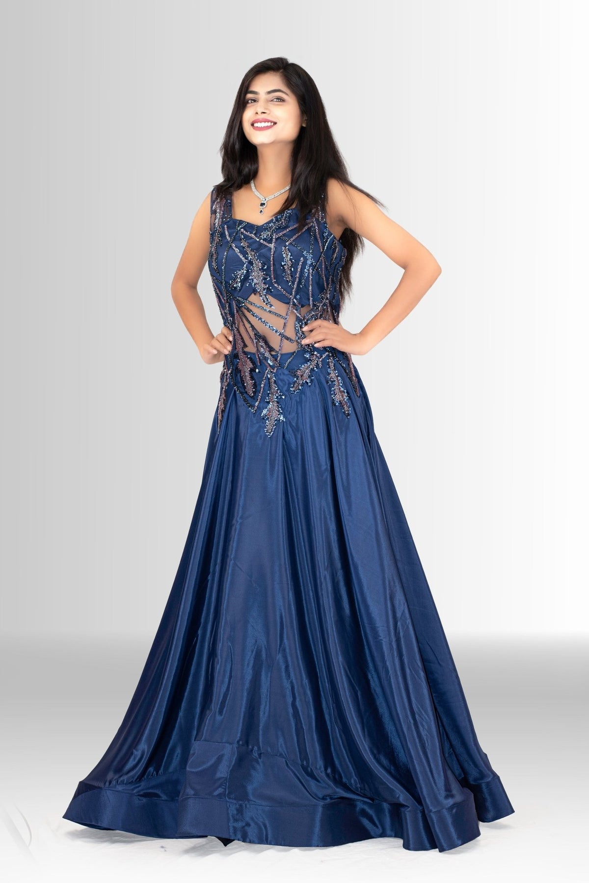 open lace back dress Dark Navy Satin Bridesmaid Dress with Sleeveless - Navy Blue Bridesmaid Dresses with V-Neck - Multiple Color main image 1