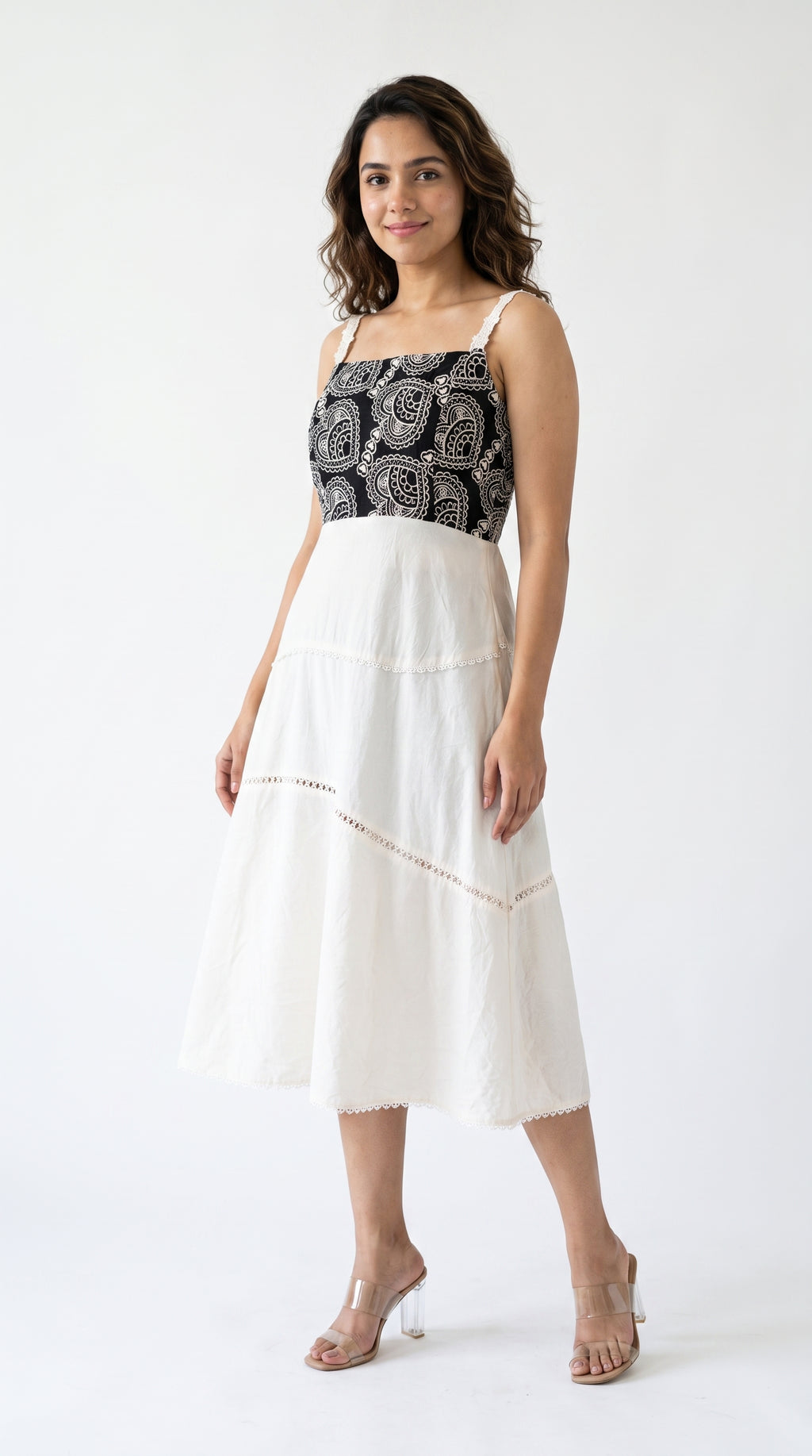 Black and White Thread work Midi Dress | Rosio House