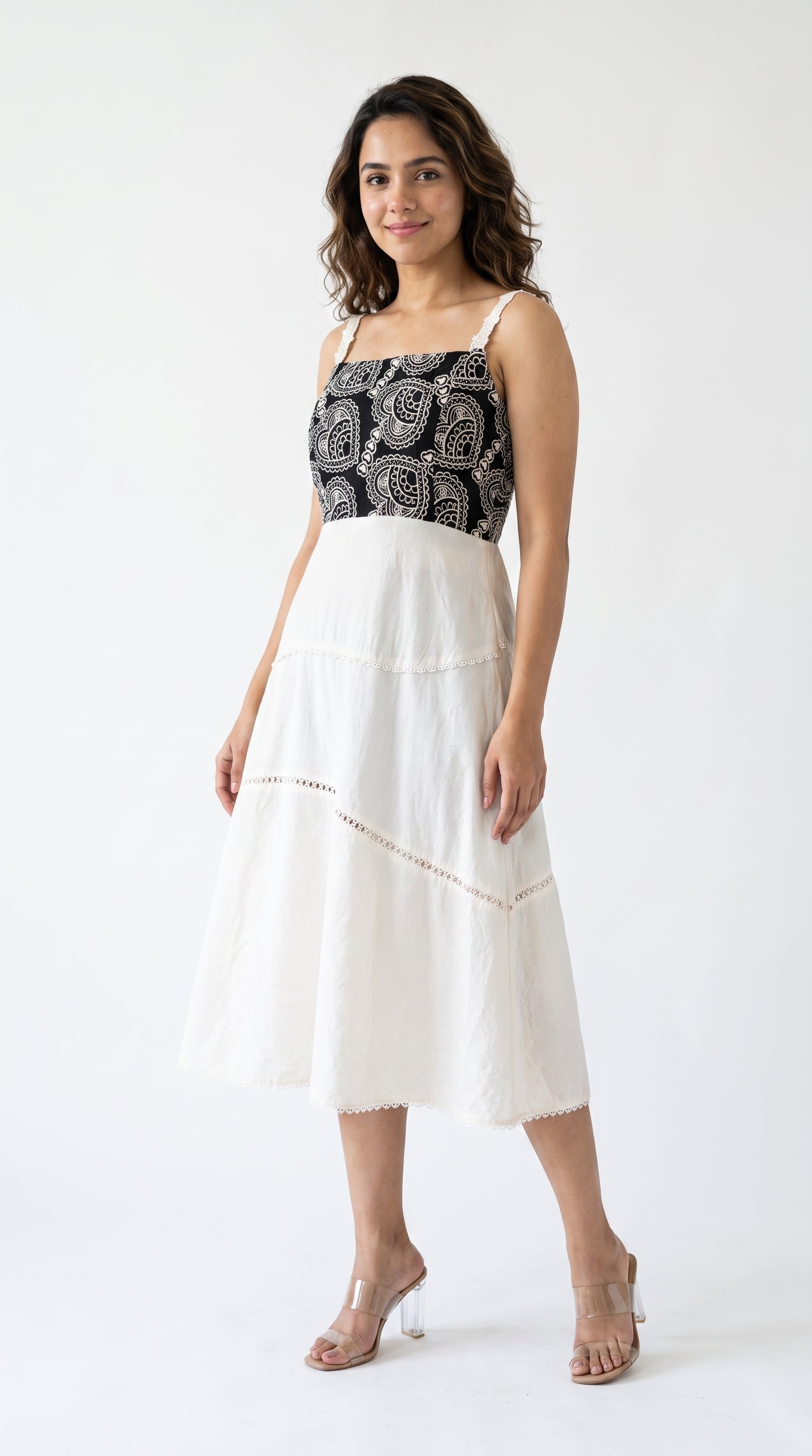 Black and White Thread work Midi Dress | Rosio House