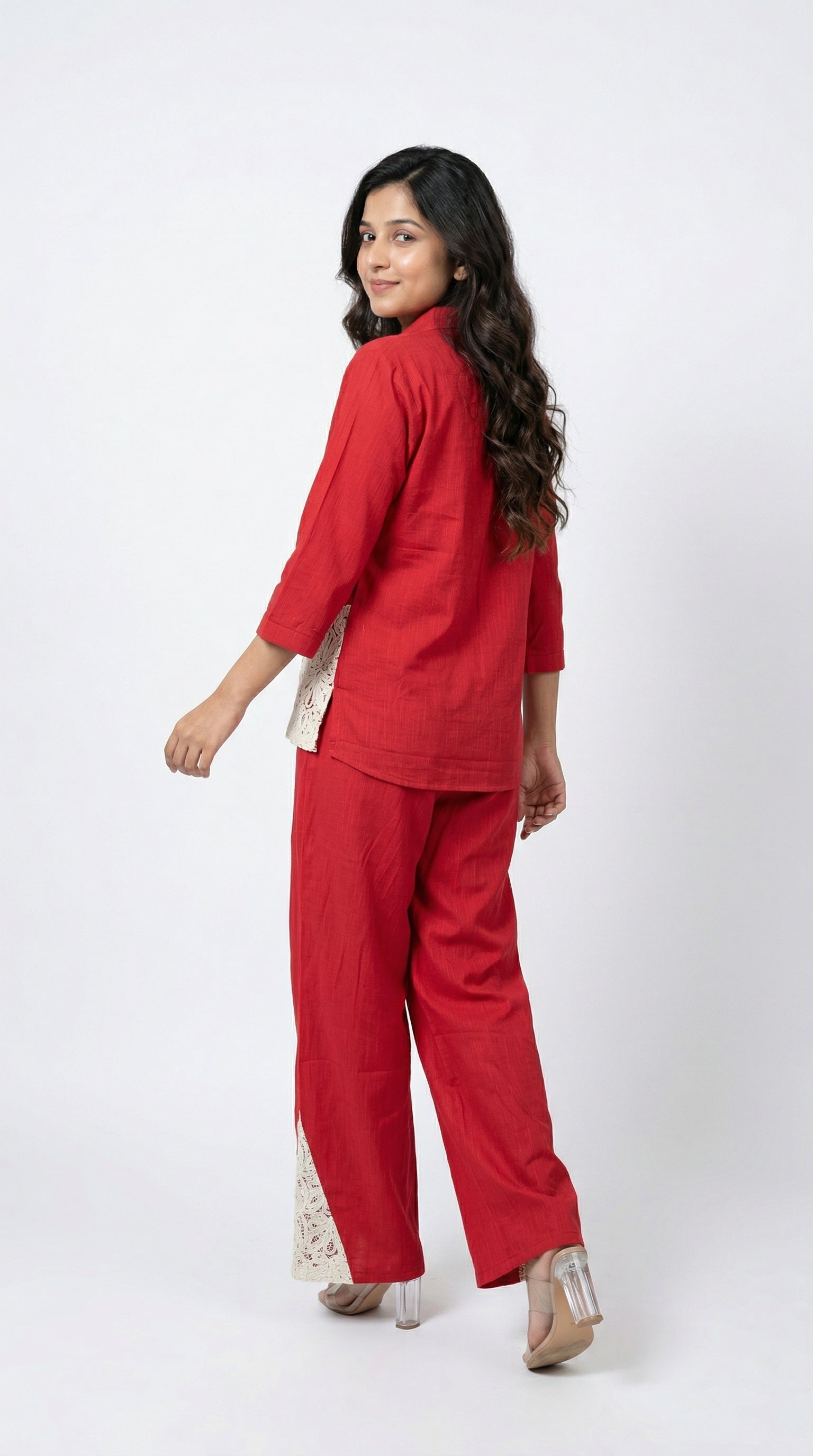 Red Pure Cotton Chiffli Lace Cord Set | Relaxed Fit Co-ord | Rosio House