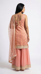 Peach Pink Brocade Sharara Set with Sequin Net Dupatta | Rosio House