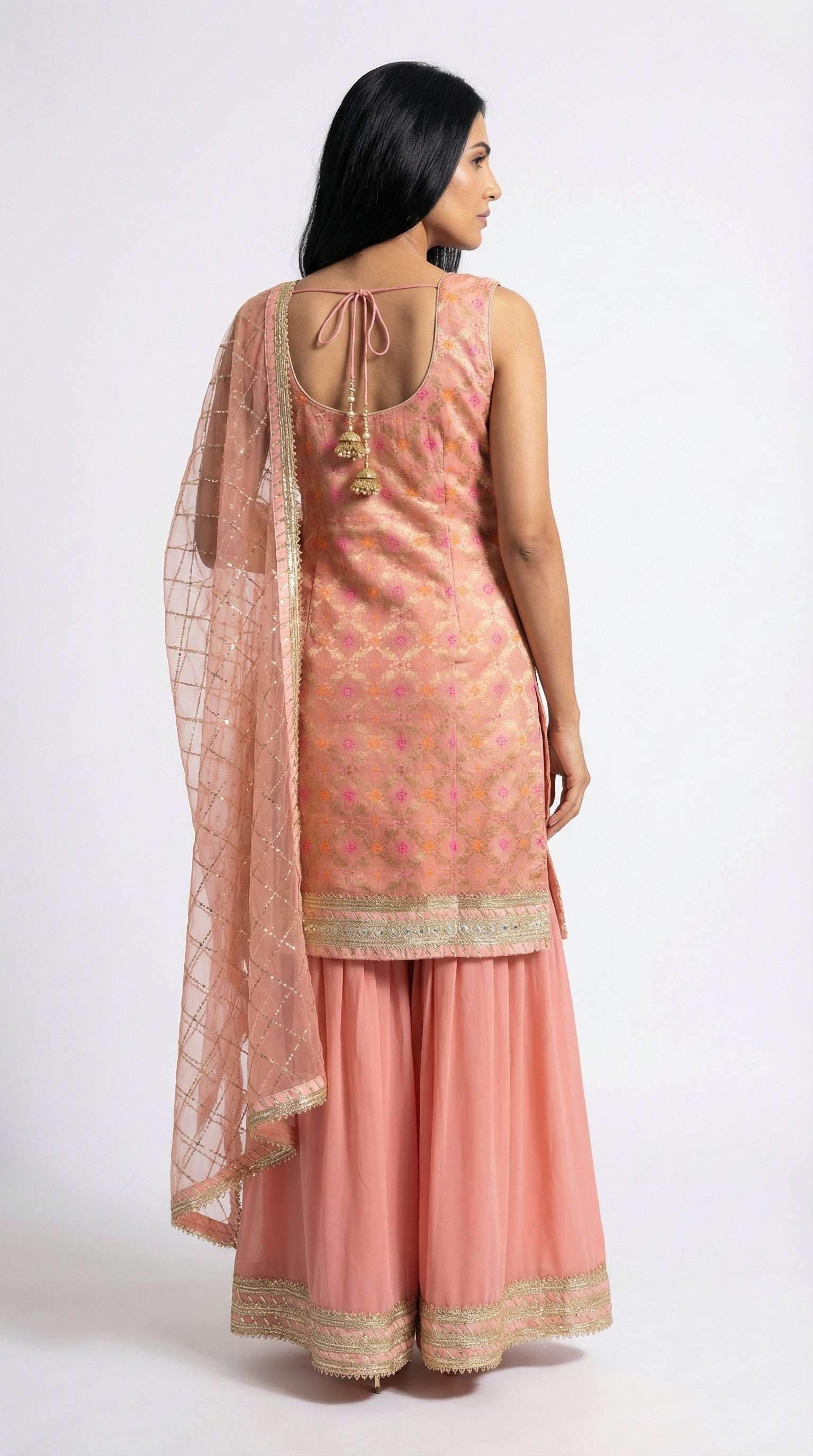 Peach Pink Brocade Sharara Set with Sequin Net Dupatta | Rosio House