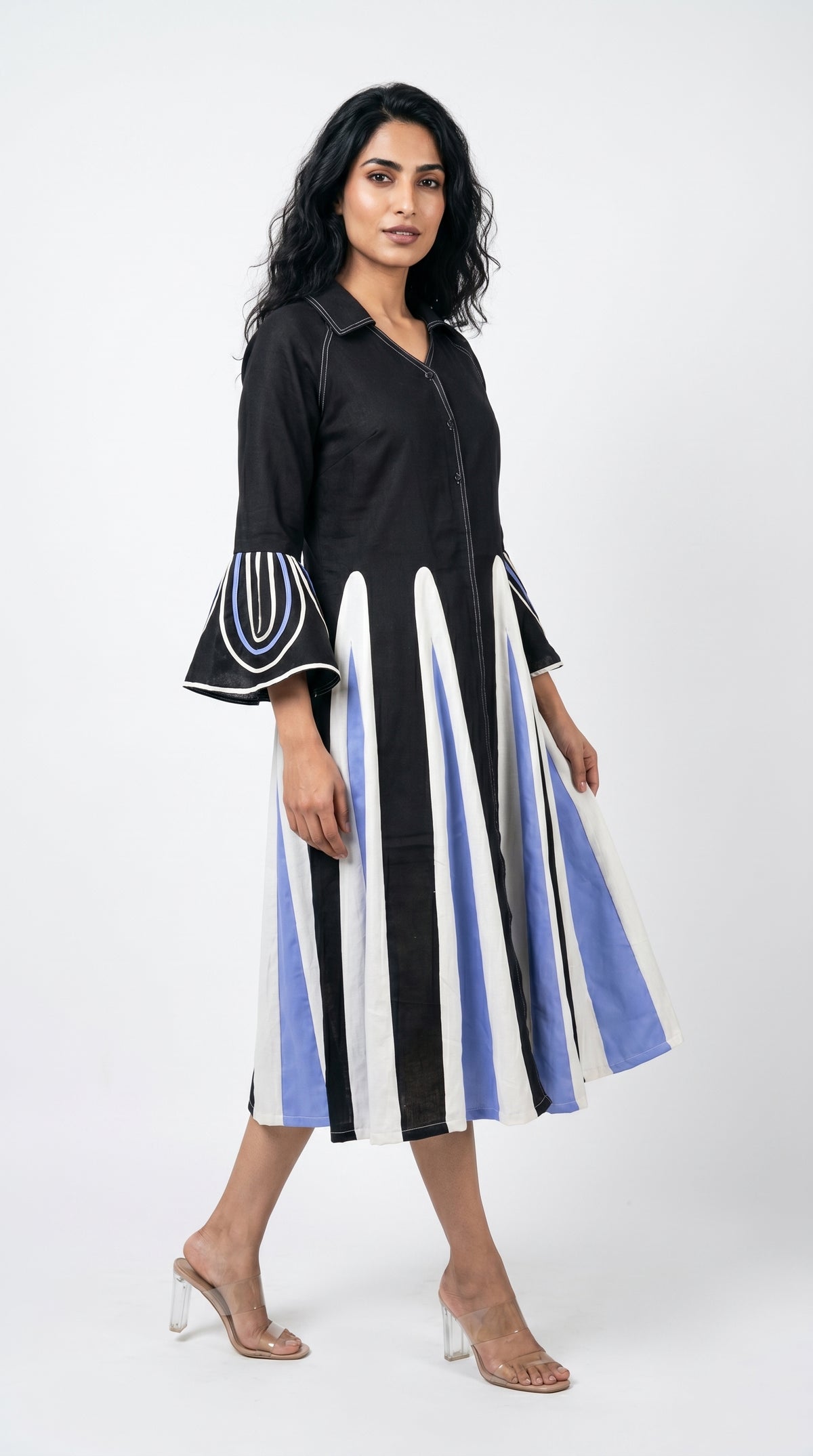 Flowy Pure Cotton Paneled Midi Shirt Dress | Rosio House