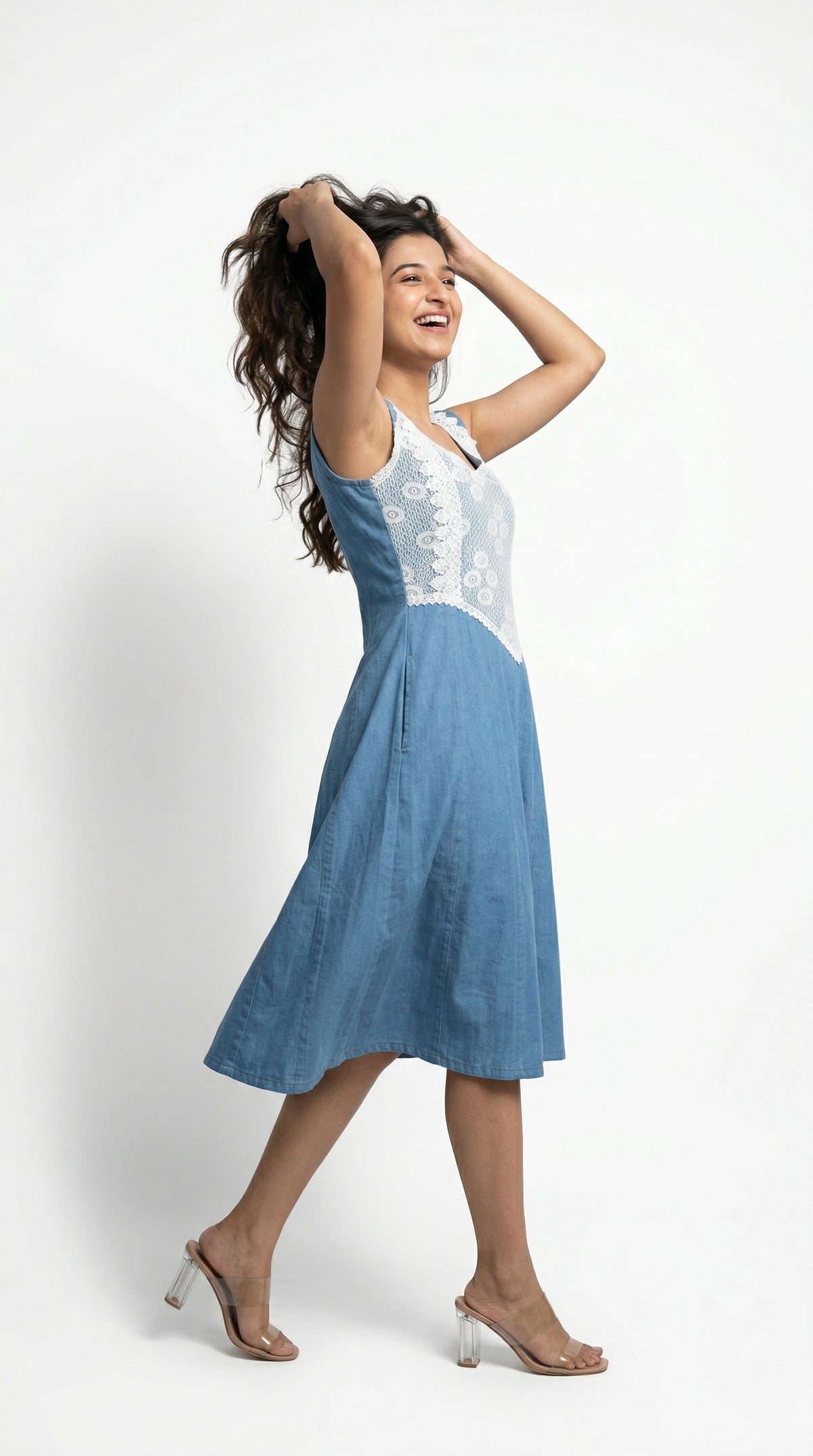 Blue Denim Midi Dress with White Lace | Rosio House