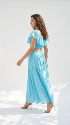 Close-up detail of the Sky Blue Dress, featuring Schiffli by Rosio House