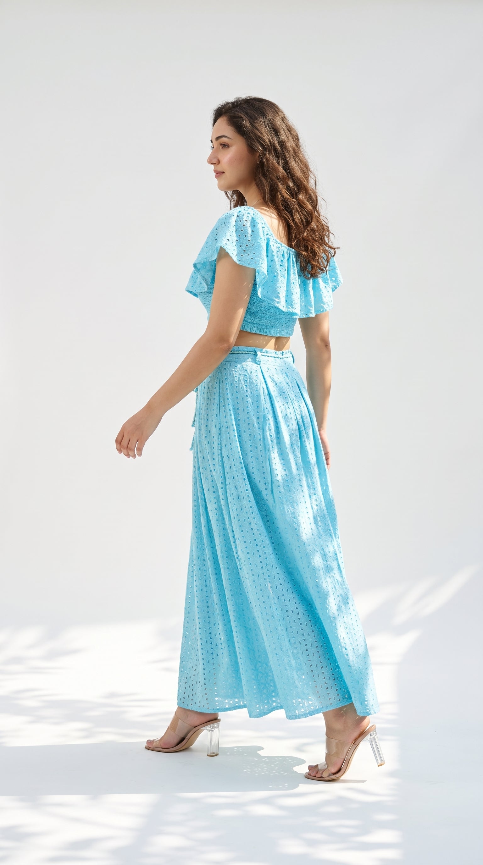 Close-up detail of the Sky Blue Dress, featuring Schiffli by Rosio House