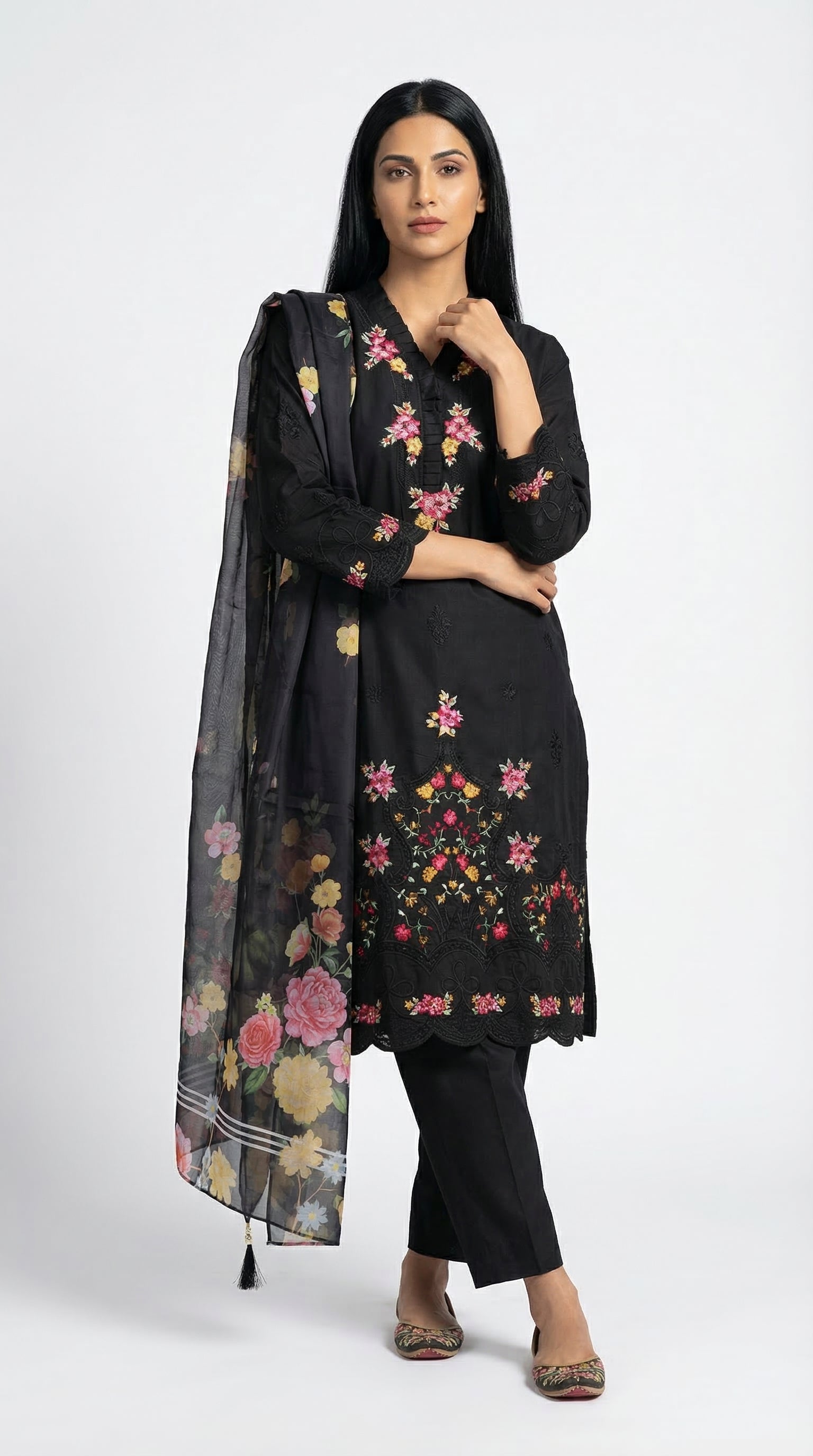 Black Multi-Floral Embroidered Cotton Suit with Dupatta | Rosio House