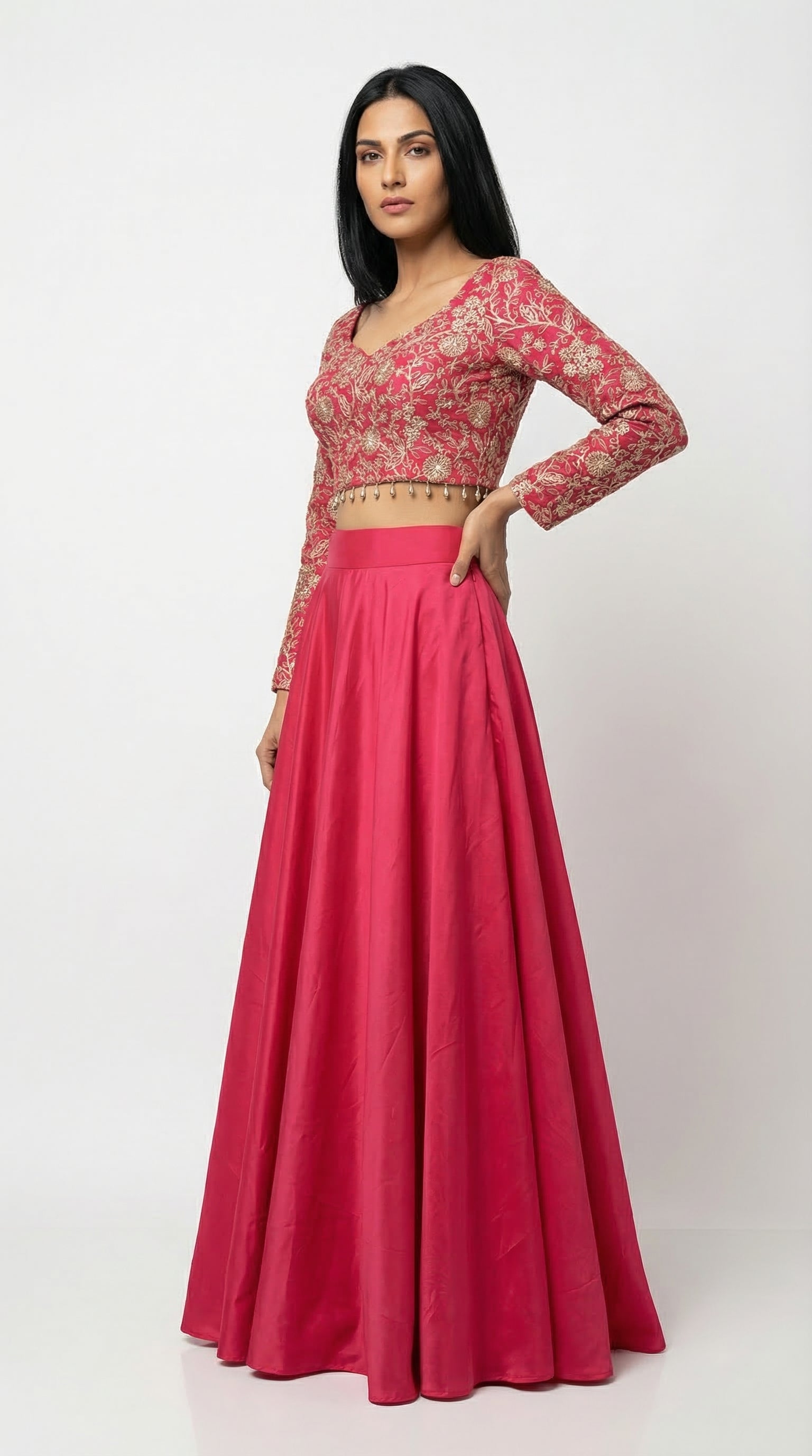 Rani Pink Embroidered Croptop Skirt Set | Rosio House