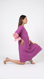 Orchid Magenta Cotton A-Line Dress with 3D Sleeve Flower | Rosio House