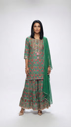 Deep Green Floral Mirror Work Sharara Suit | Rosio House