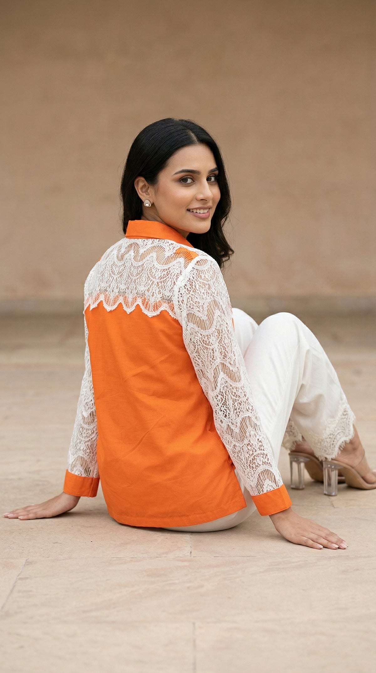Orange & White Cotton Cord Set with Schiffli Lace | Rosio House