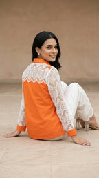 Orange & White Cotton Cord Set with Schiffli Lace | Rosio House