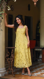 Yellow Flower Net Dress - Rosio House