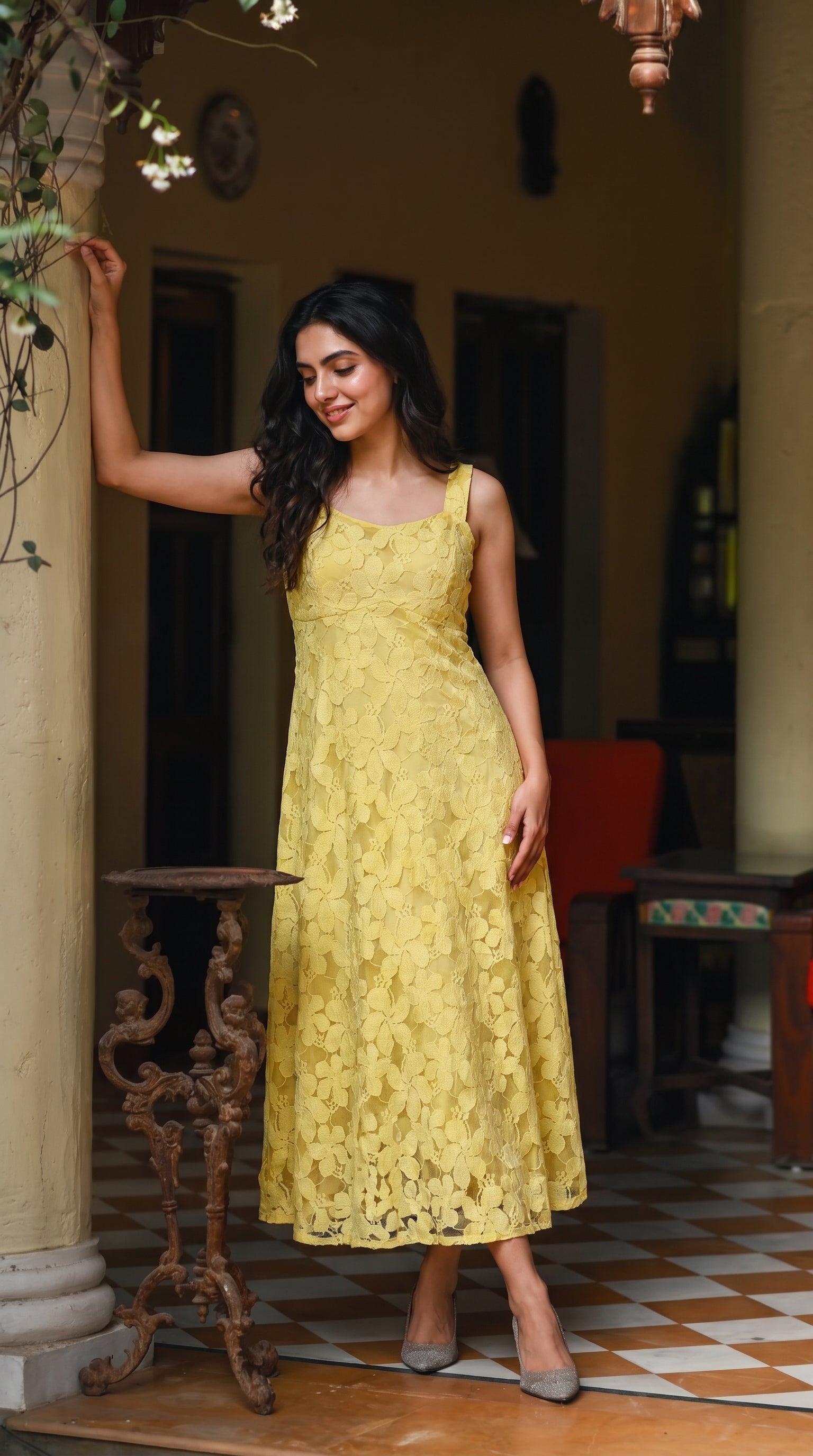 Yellow Flower Net Dress - Rosio House