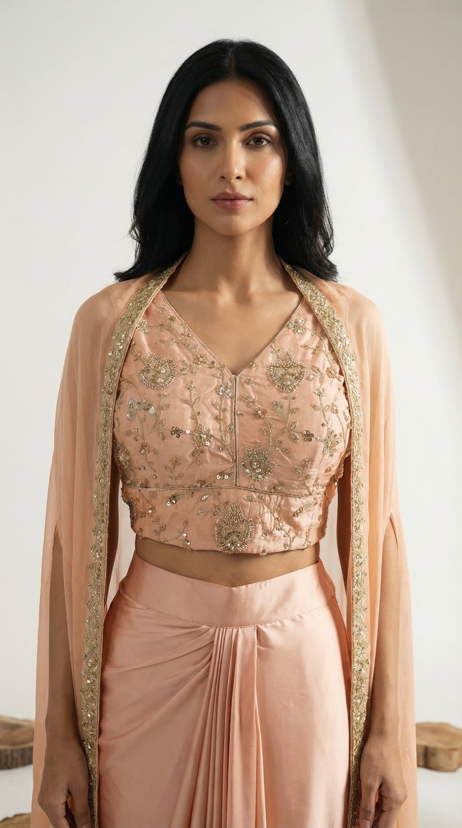 Peach Shrug Style Indo-Western Set | Draped Skirt & Embroidered Crop Top | Rosio House