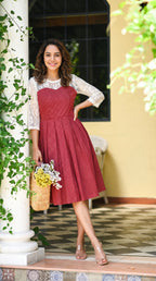 Red Schiffli Lace Polka Dot Midi Dress | Rosio House
