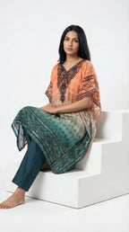 Peach & Teal Ombre Cotton Kaftan Set with Pants | Rosio House