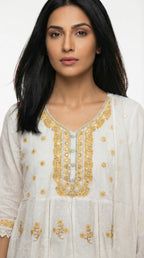 Cream & Gold Embroidered Cotton Suit Set | Rosio House