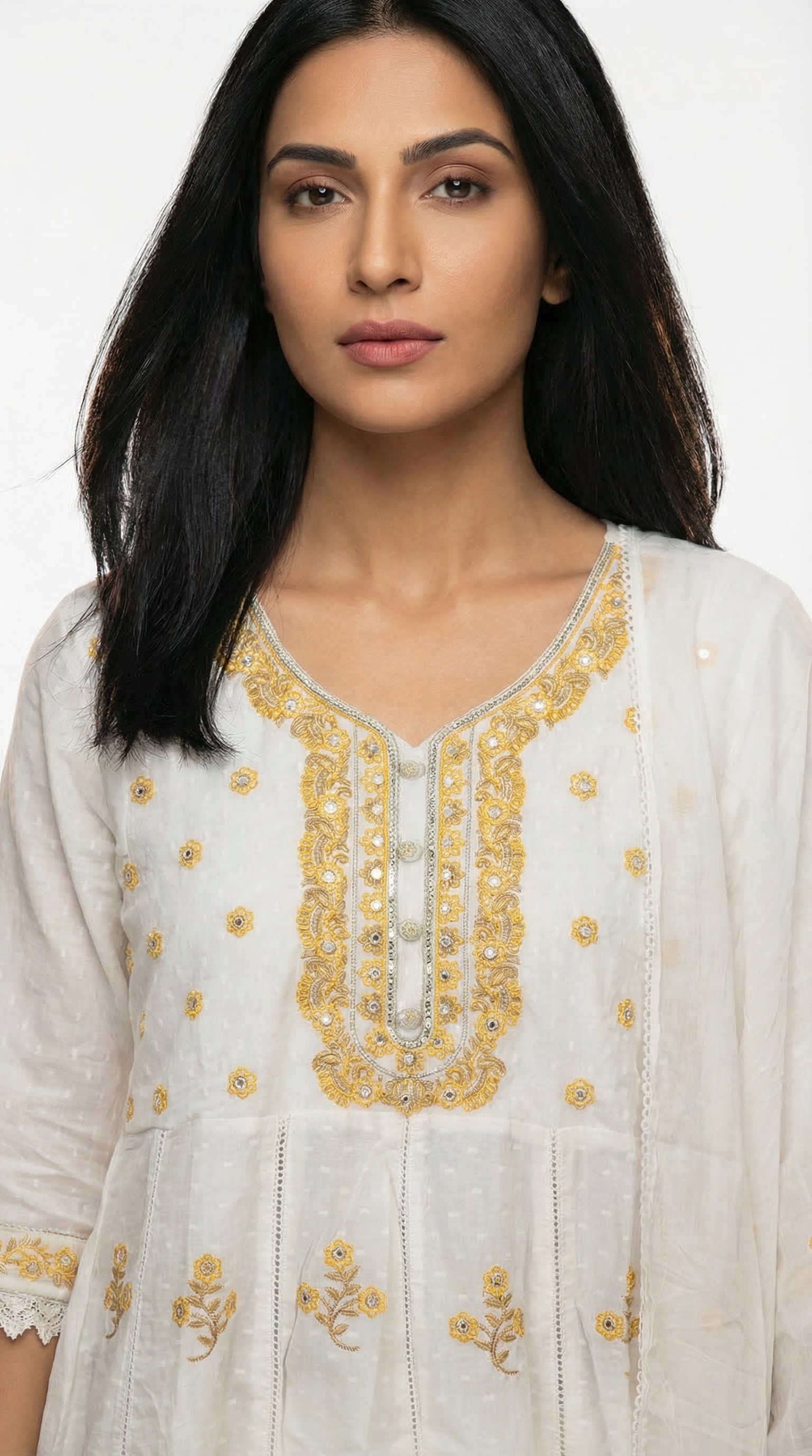 Cream & Gold Embroidered Cotton Suit Set | Rosio House
