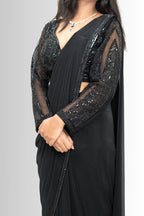 Elegant Black Drape Saree with Sequin Blouse - Ready-to-Wear