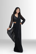 Elegant Black Drape Saree with Sequin Blouse - Ready-to-Wear