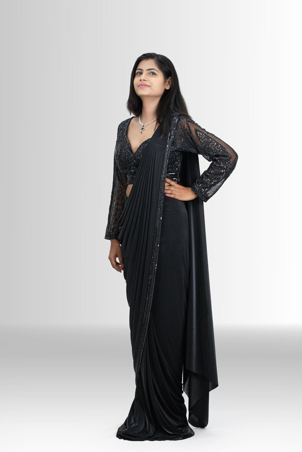 Elegant Black Drape Saree with Sequin Blouse - Ready-to-Wear