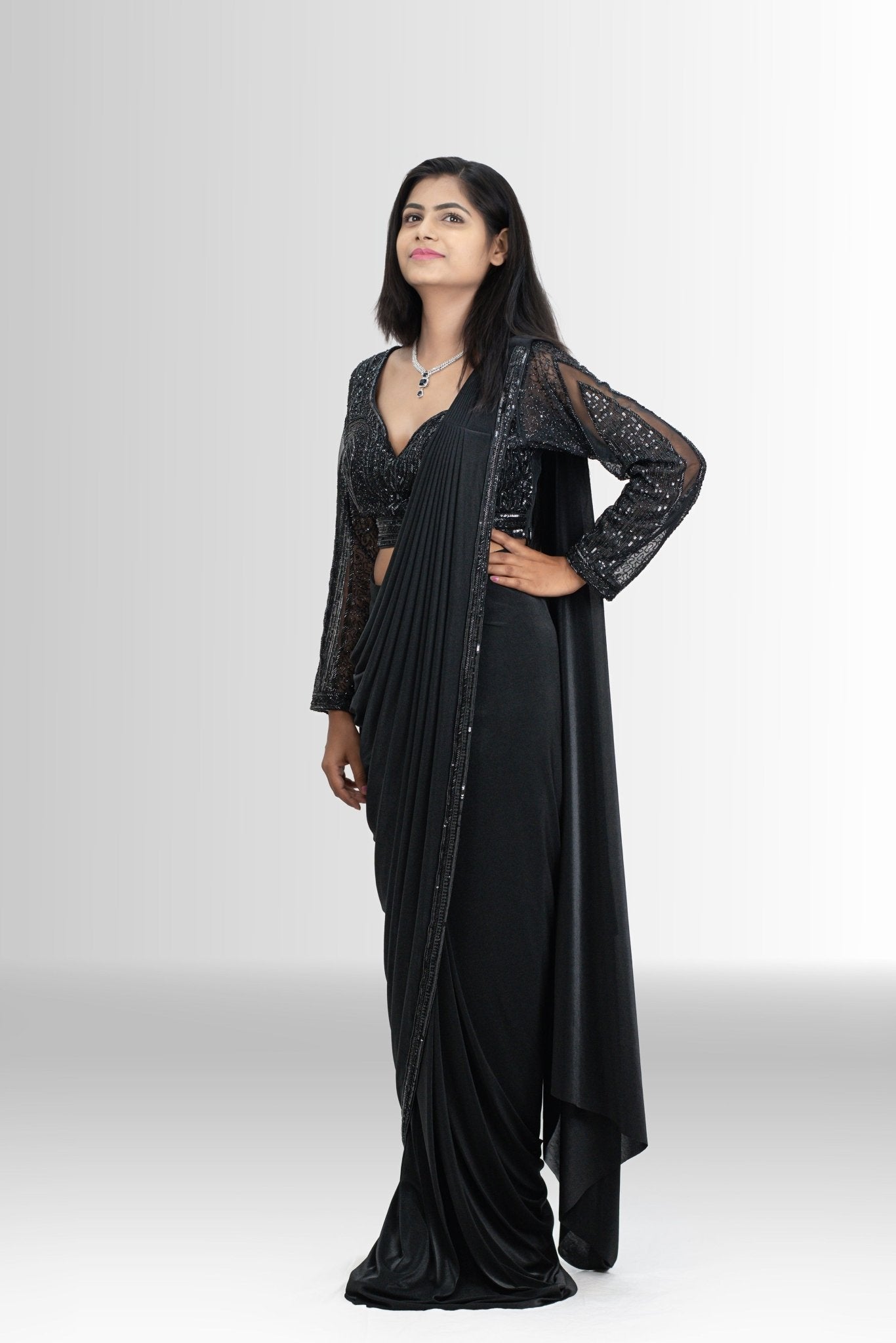 Elegant Black Drape Saree with Sequin Blouse - Ready-to-Wear
