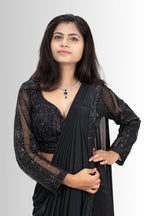 Elegant Black Drape Saree with Sequin Blouse - Ready-to-Wear