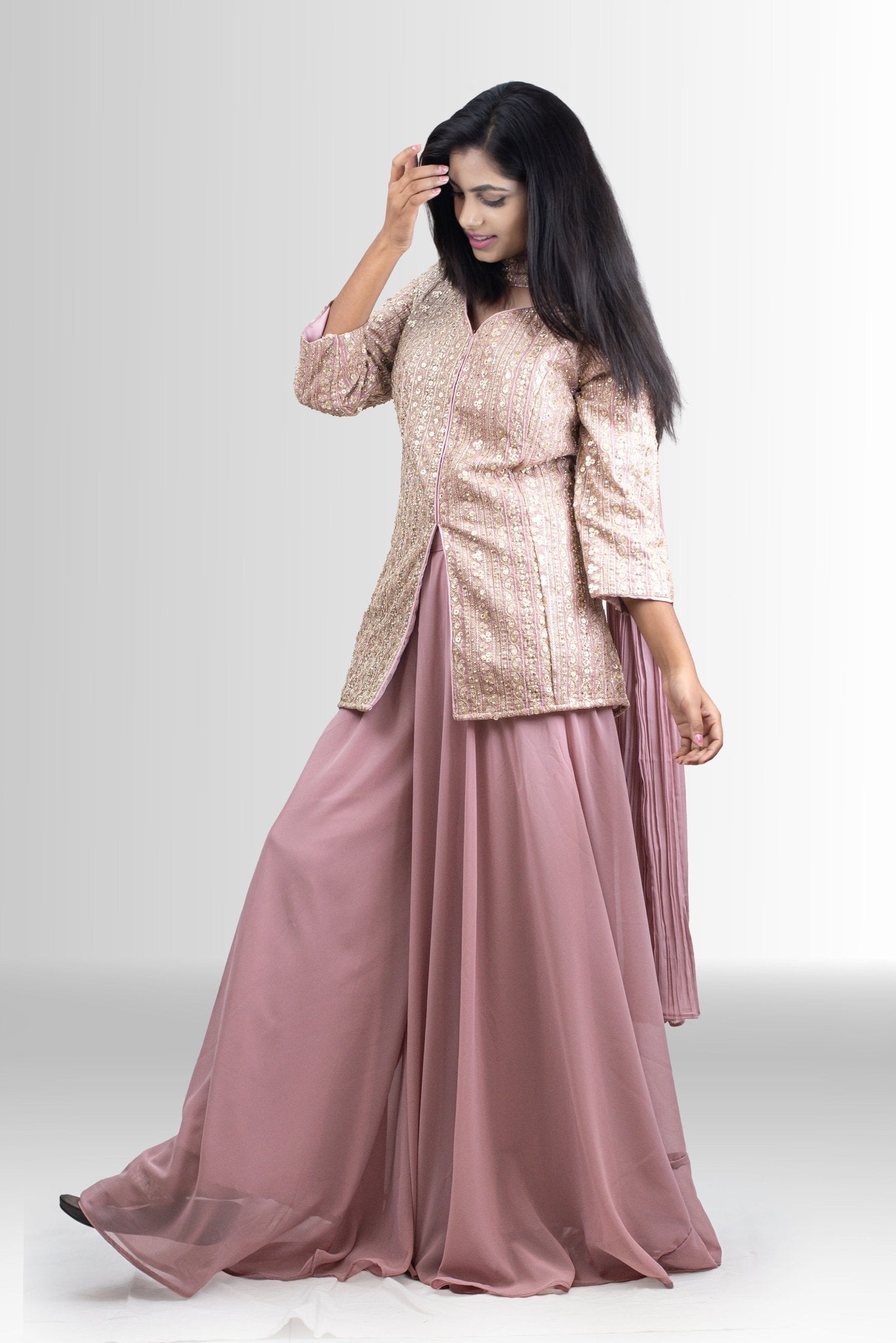 Elegant Golden Handwork Jacket Set - Indo Western Pink Style