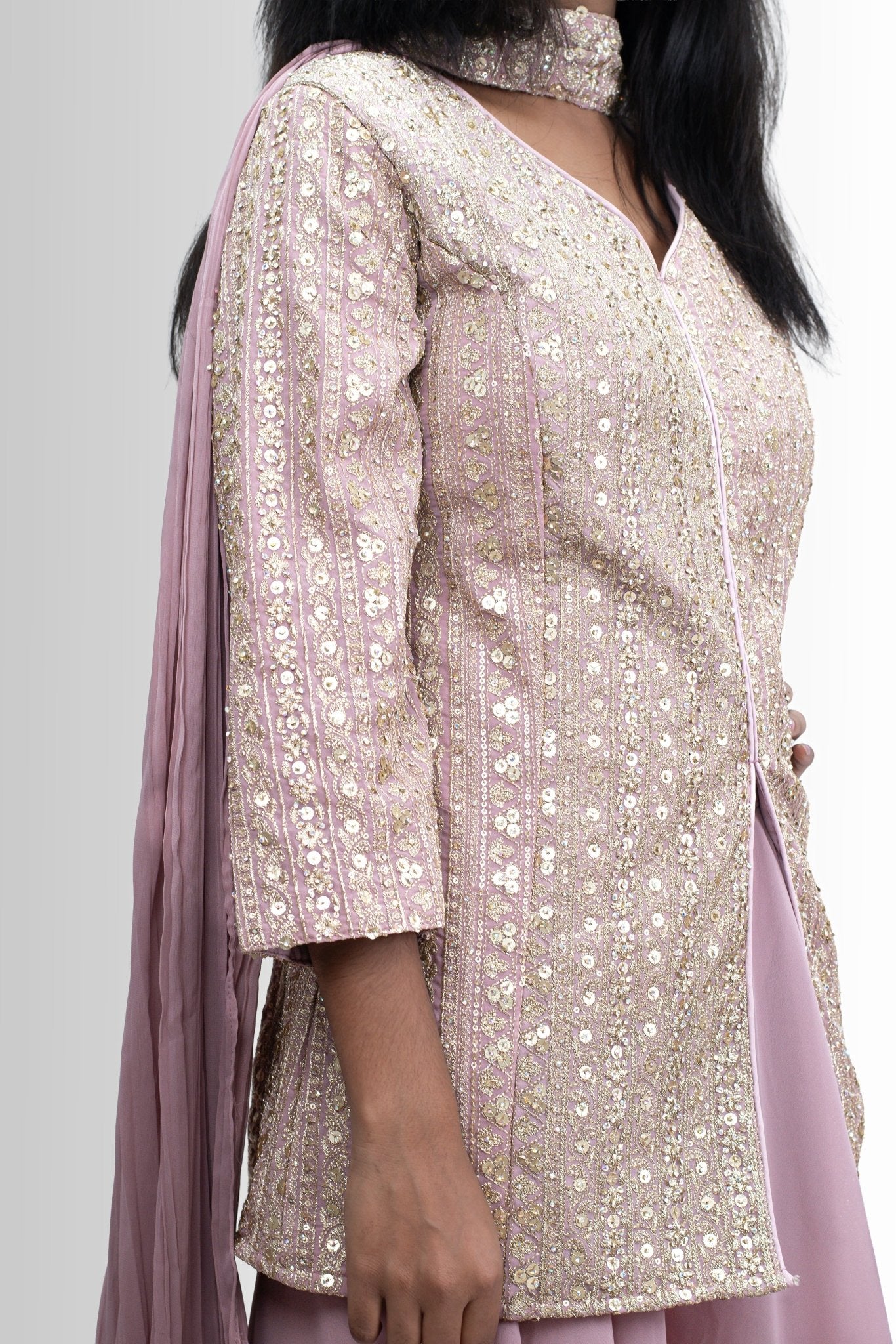 Elegant Golden Handwork Jacket Set - Indo Western Pink Style