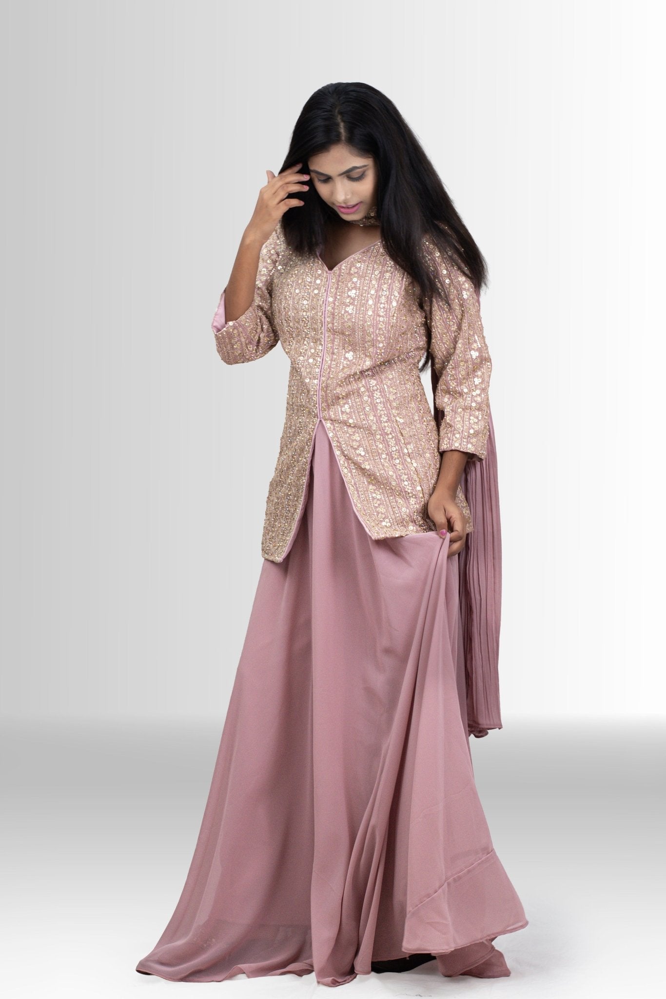 Elegant Golden Handwork Jacket Set - Indo Western Pink Style