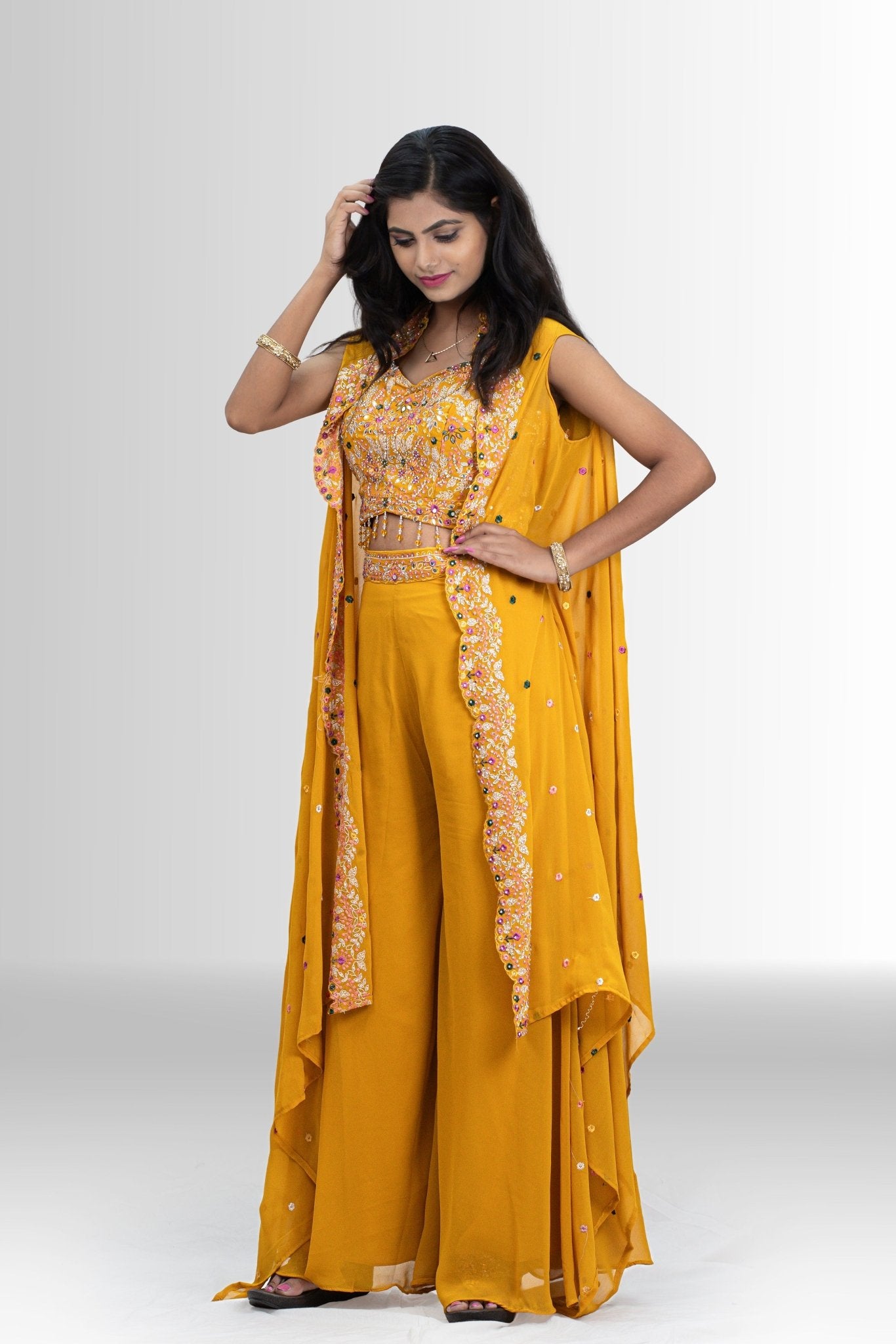 women mustard indo western dress